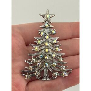 Vintage Tancer II Christmas Tree Brooch AB Rhinestone Silver Tone Pin